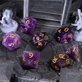 Natural Amethyst Dice Set with Gold Engraved Numbers – Premium Crystal Polyhedral Dice for DnD, Pathfinder, TTRPG, and Collectors